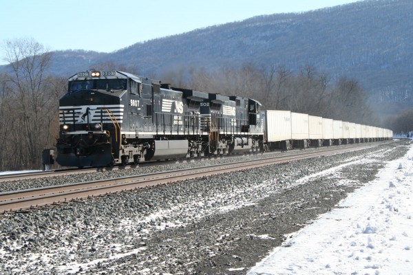 Westbound trailers approaching the signals at MP174 on the Pittsburgh Line.